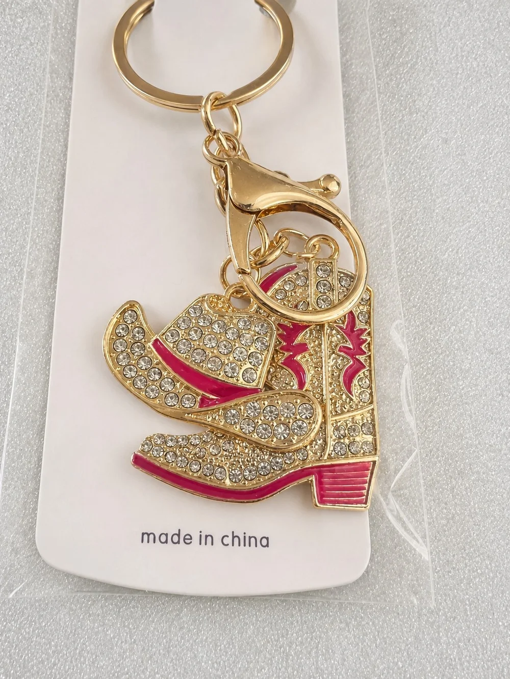 Mint Gold-tone Cowboy Boot Keychain with Pink Accents
